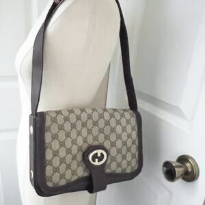 Vintage Gucci Bag Shoulder Purse Brown Monogram Logo Tan 70s 80s Flap